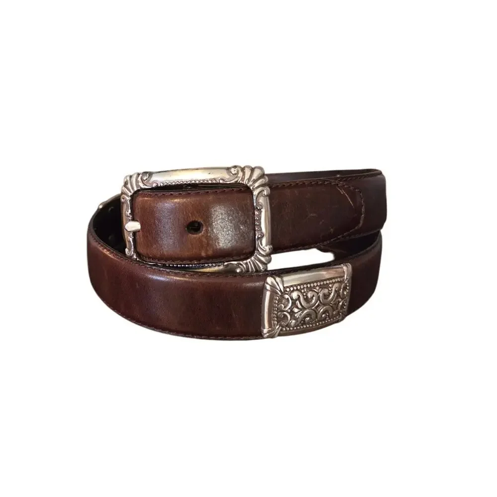 Fossil leather brown belt silver toned square buckle embellishments western M